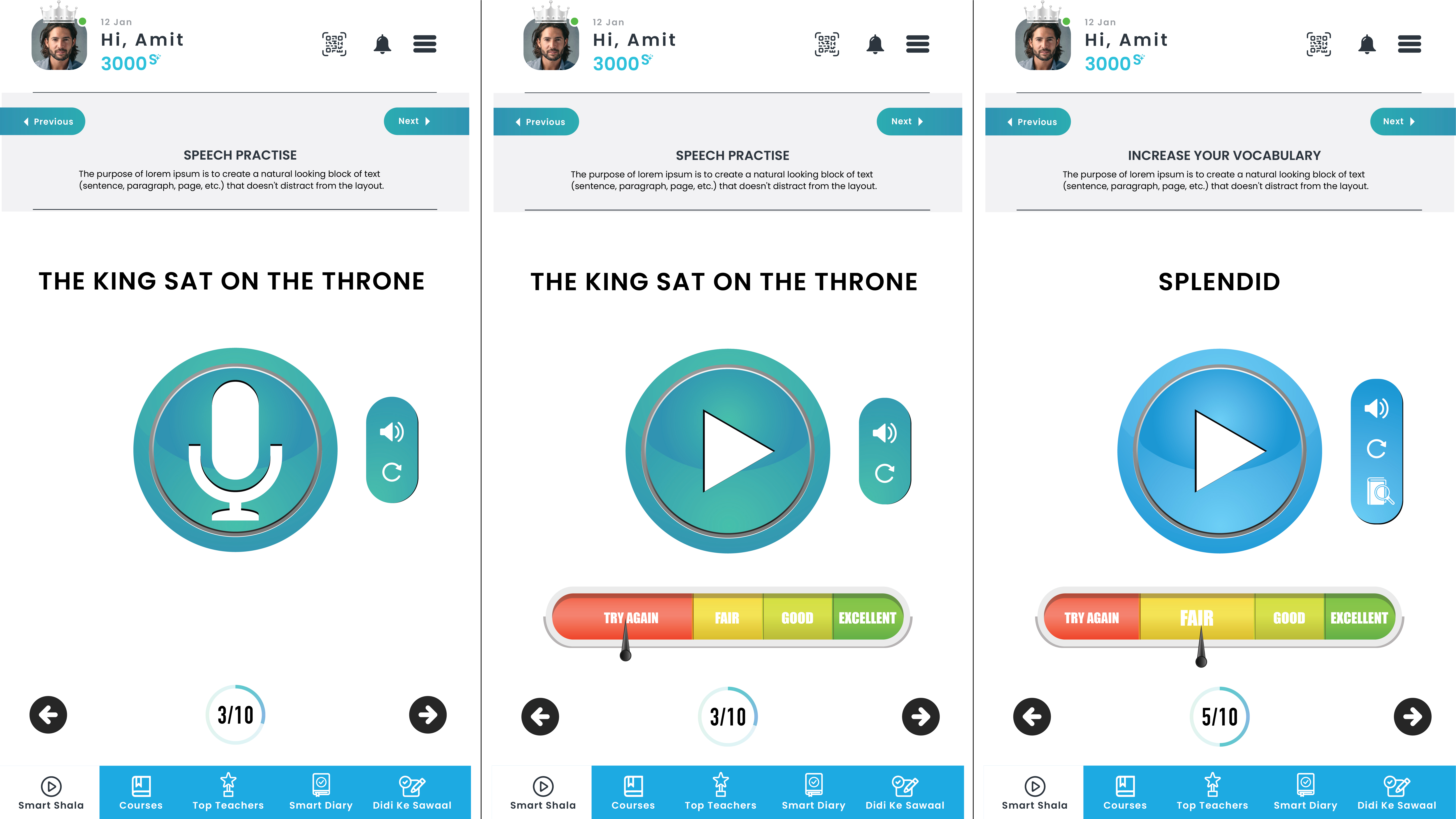 The image shows a speech practice app with feedback on phrases, user progress, and vocabulary sections, featuring audio controls and navigation options.